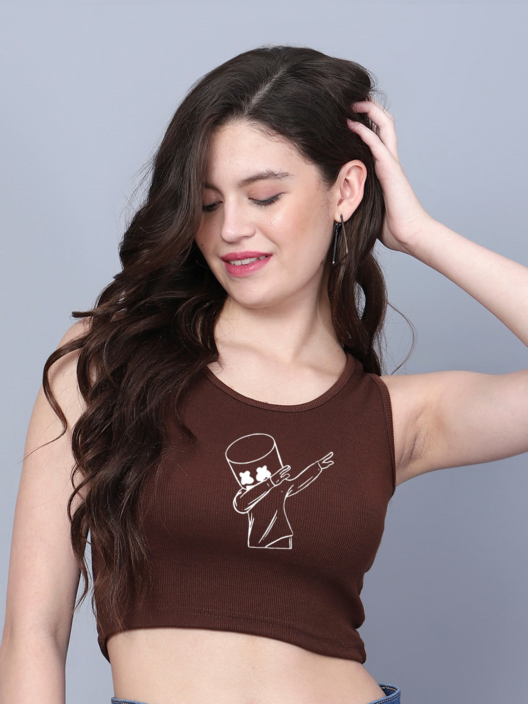 

Fashion And Youth Marshmellow Printed Ribbed Fitted Crop Top, Coffee brown