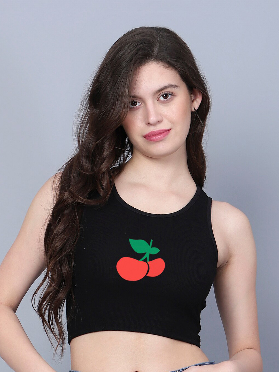 

Fashion And Youth Printed Round Neck Tank Crop Top, Black