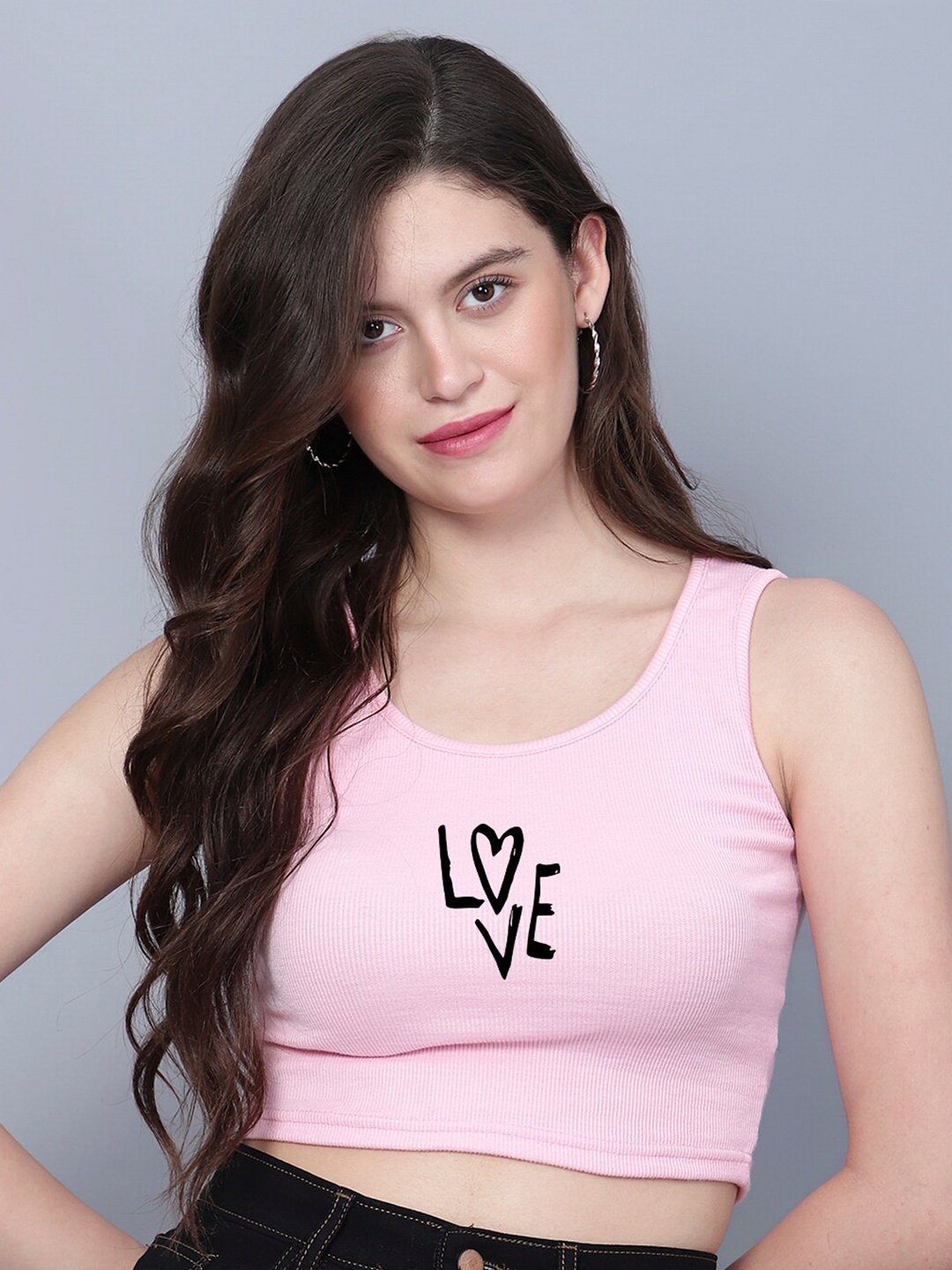 

Fashion And Youth Printed Round Neck Sleeveless Fitted Crop Top, Pink