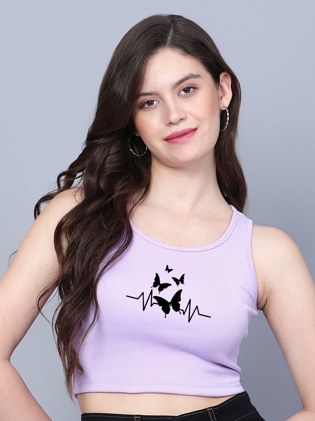 

Fashion And Youth Printed Round Neck Sleeveless Crop Top, Lavender