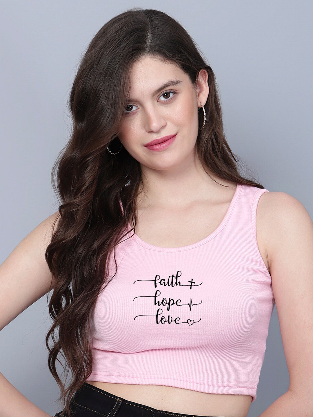 

Fashion And Youth Round Neck Sleeveless Print Crop Top, Pink