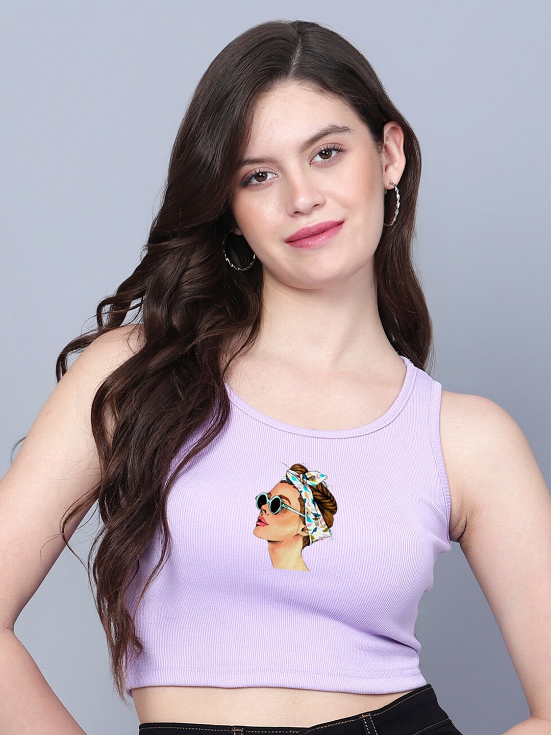 

Fashion And Youth Round Neck Sleeveless Print Crop Top, Lavender