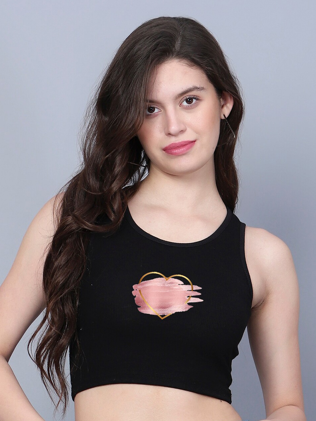 

Fashion And Youth Graphic Printed Round Neck Fitted Crop Top, Black