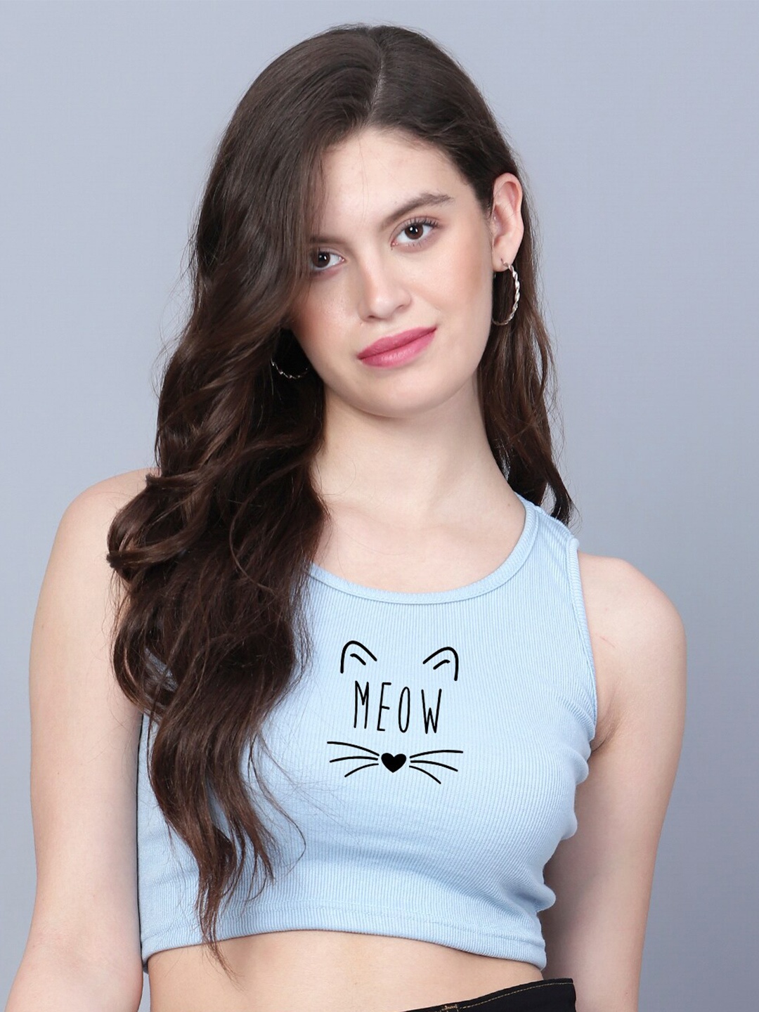 

Fashion And Youth Graphic Printed Round Neck Crop Tank Top, Turquoise blue