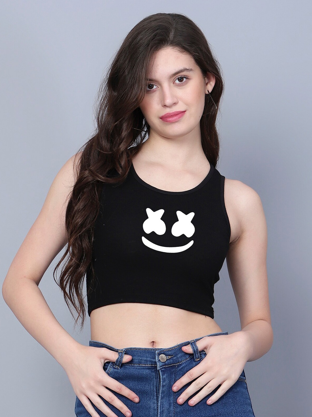

Fashion And Youth Round Neck Sleeveless Print Crop Top, Black