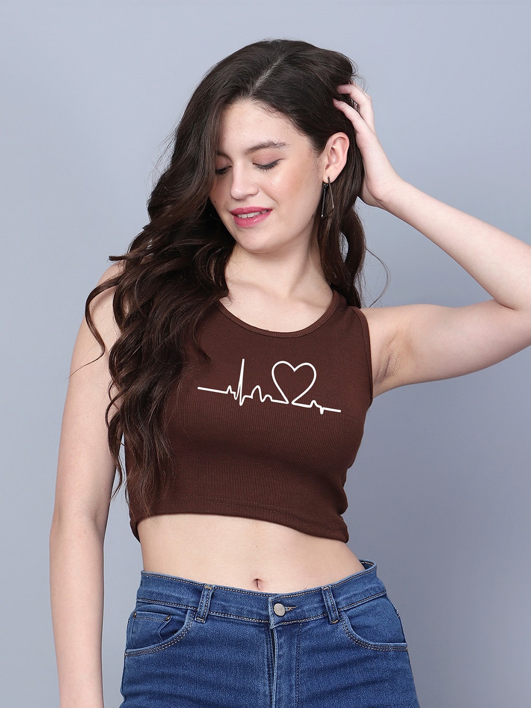 

Fashion And Youth Round Neck Sleeveless Print Crop Top, Coffee brown