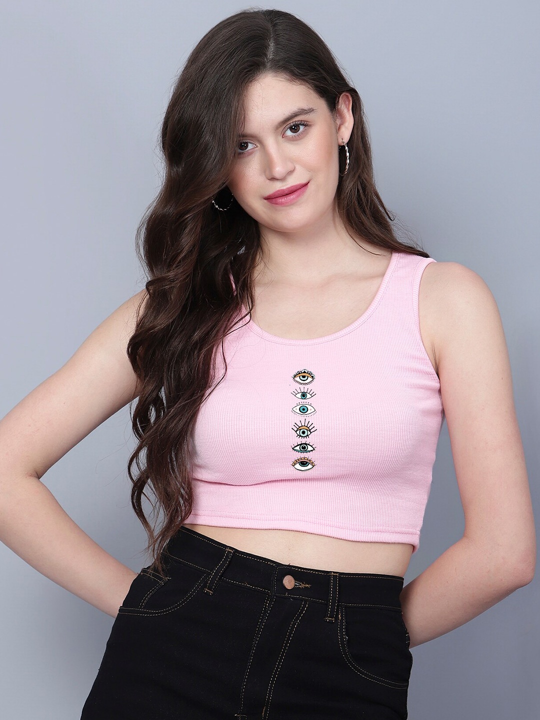 

Fashion And Youth Graphic Printed Round Neck Crop Tank Top, Pink