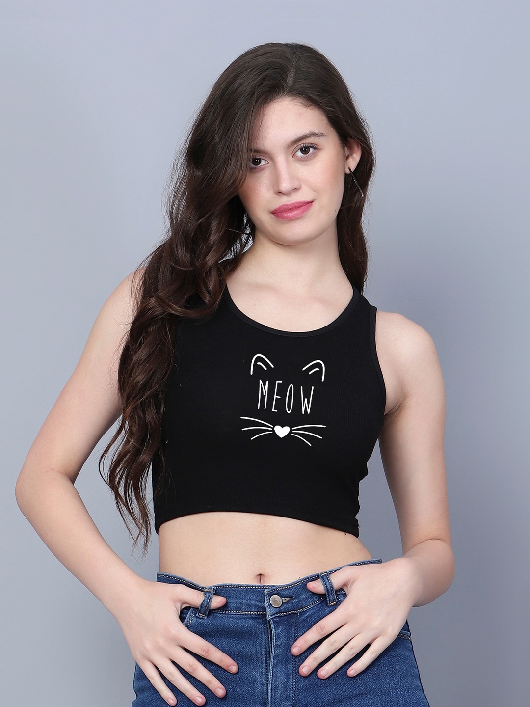 

Fashion And Youth Meow Printed Ribbed Fitted Crop Top, Black