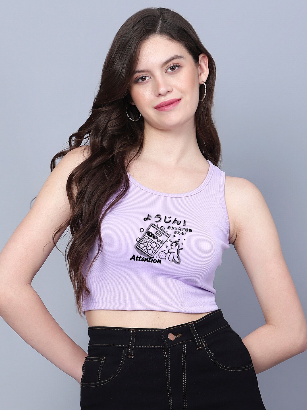 

Fashion And Youth Graphic Printed Round Neck Sleeveless Cotton Crop Top, Lavender