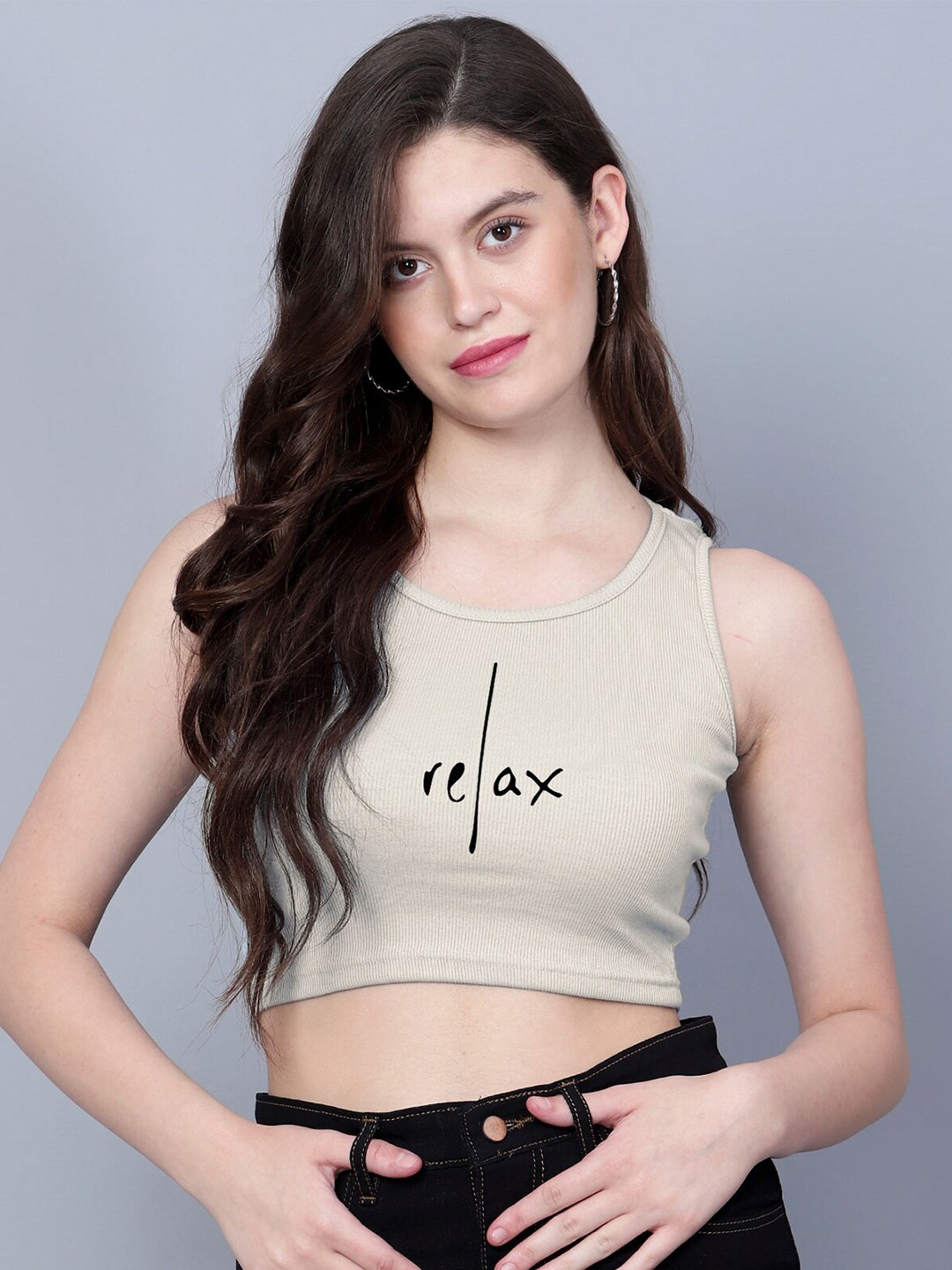 

Fashion And Youth Round Neck Sleeveless Crop Top, Beige
