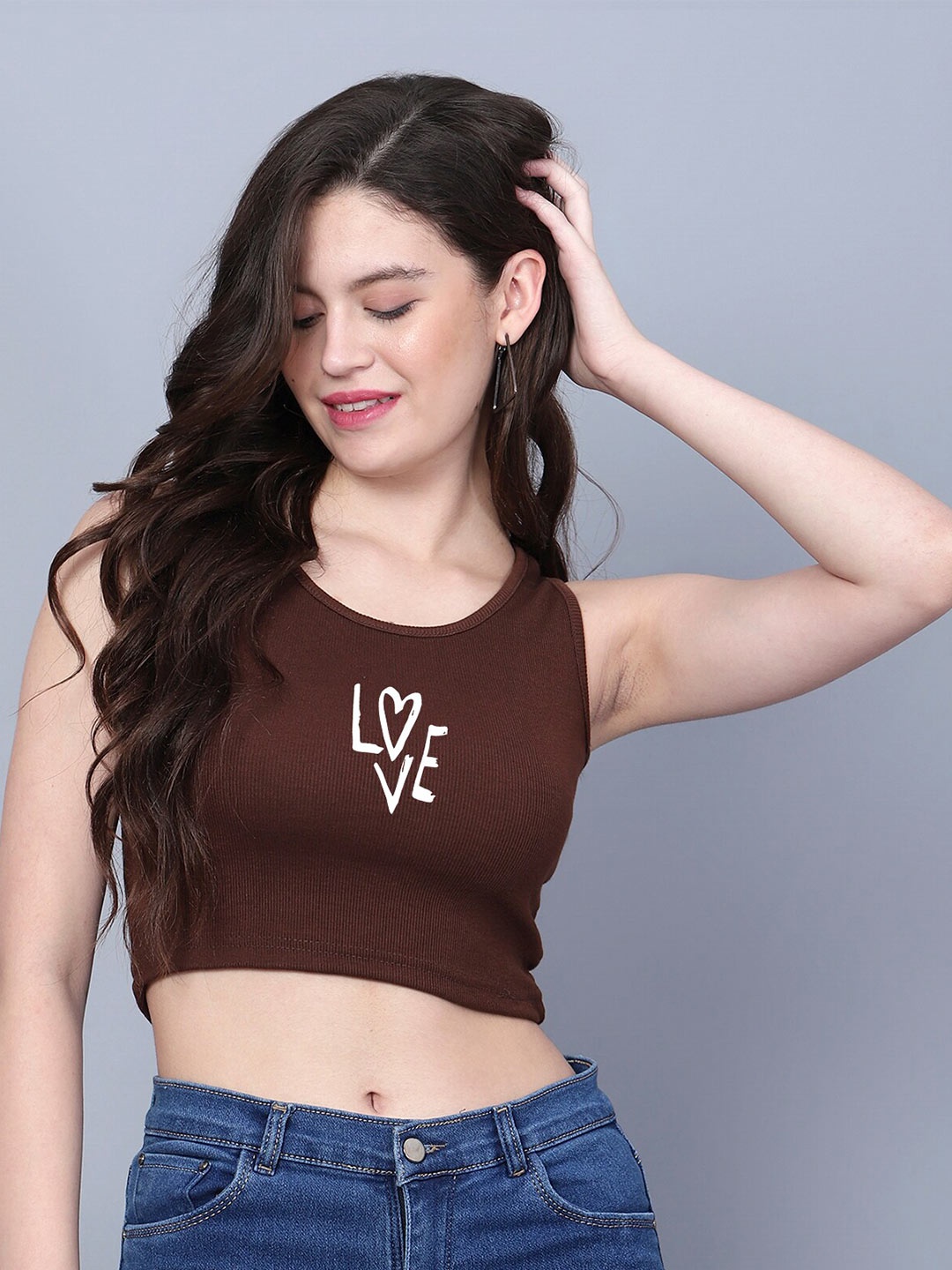 

Fashion And Youth Round Neck Sleeveless Crop Top, Coffee brown