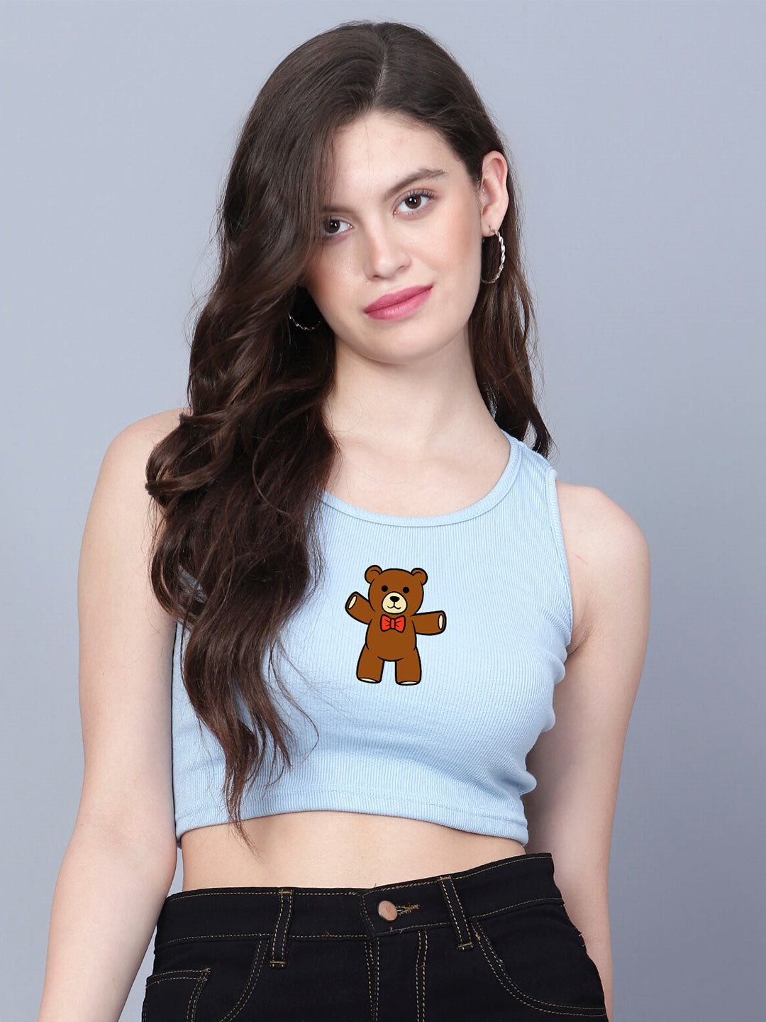 

Fashion And Youth Teddy Printed Ribbed Fitted Crop Top, Turquoise blue