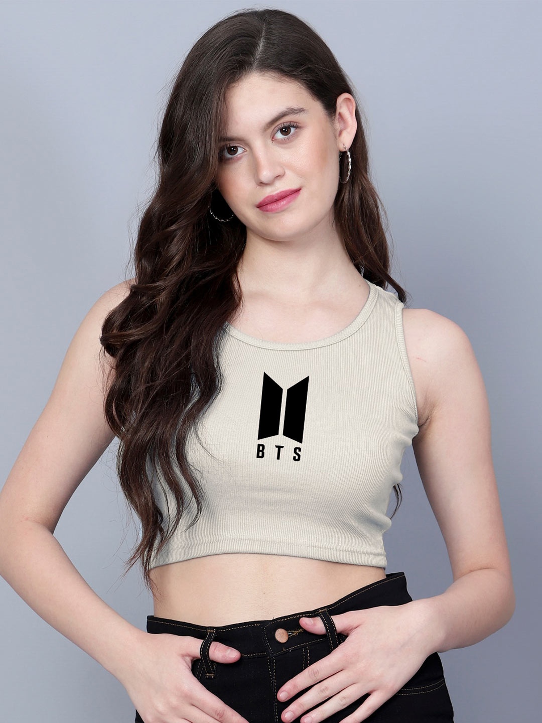 

Fashion And Youth Printed Round Neck Sleeveless Crop Top, Beige