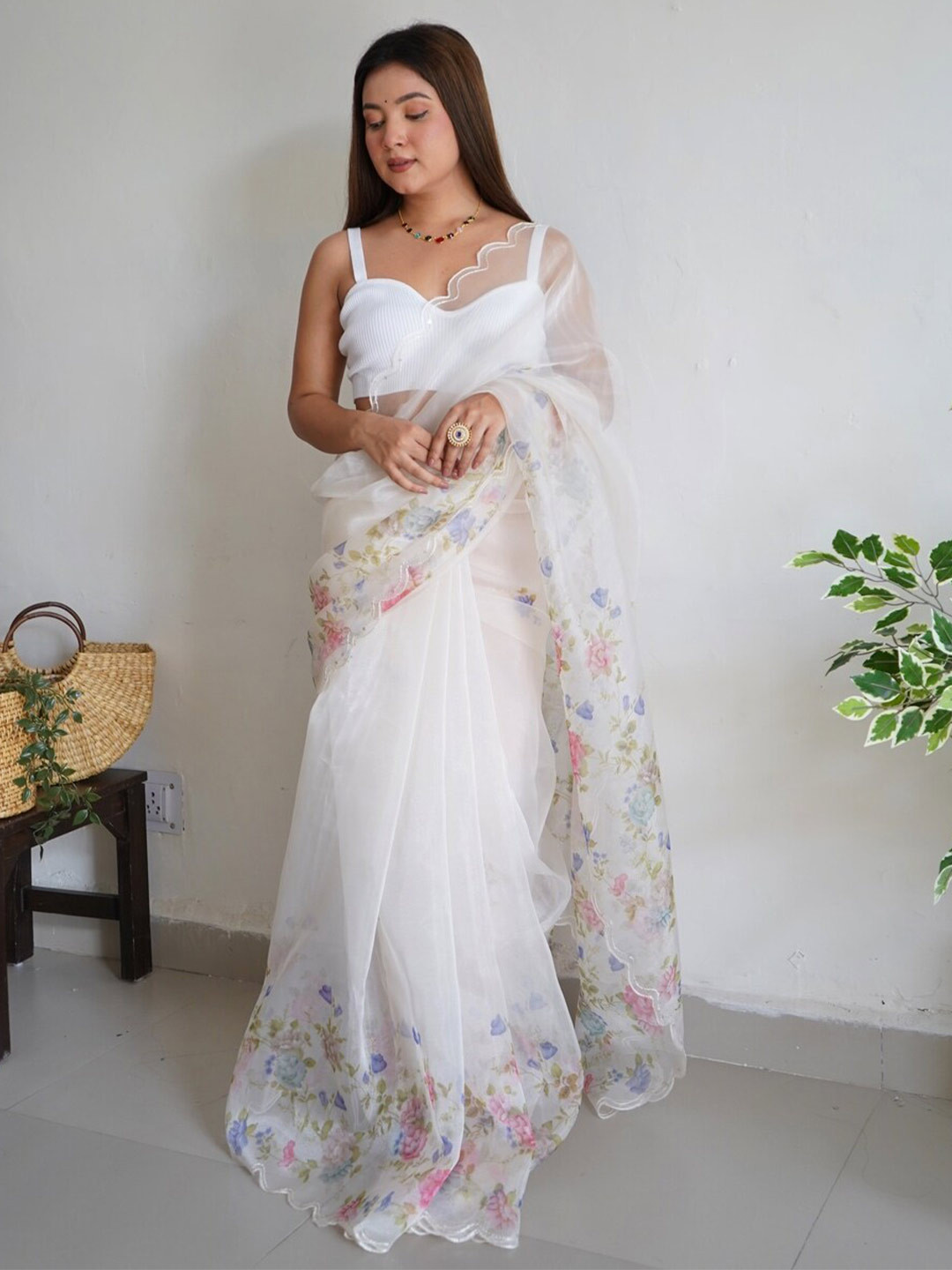 

SIDYAL Floral Organza Saree, White