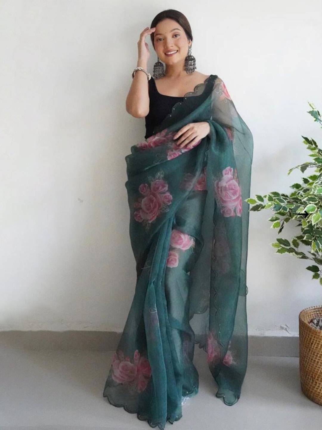 

SIDYAL Floral Organza Banarasi Saree, Green