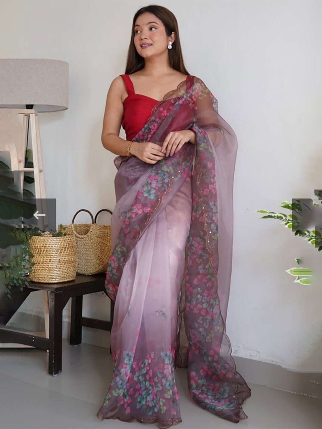 

SIDYAL Floral Organza Saree, Purple