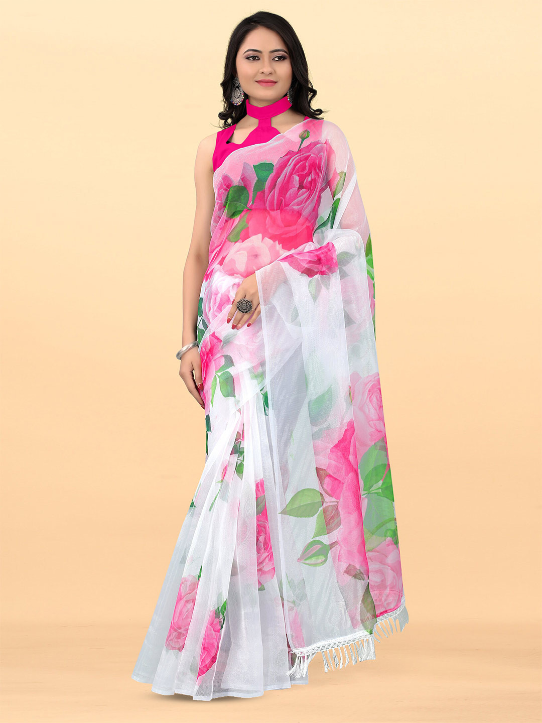

SIDYAL Floral Organza Saree, White