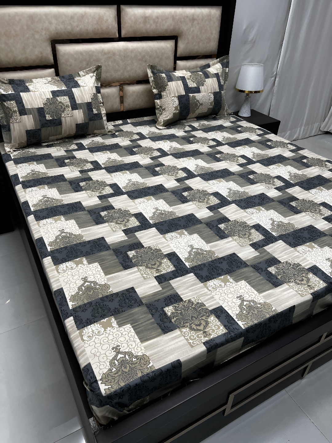 

Pure Decor White & Grey Ethnic Motifs Queen Bedsheet with 2 Pillow Covers