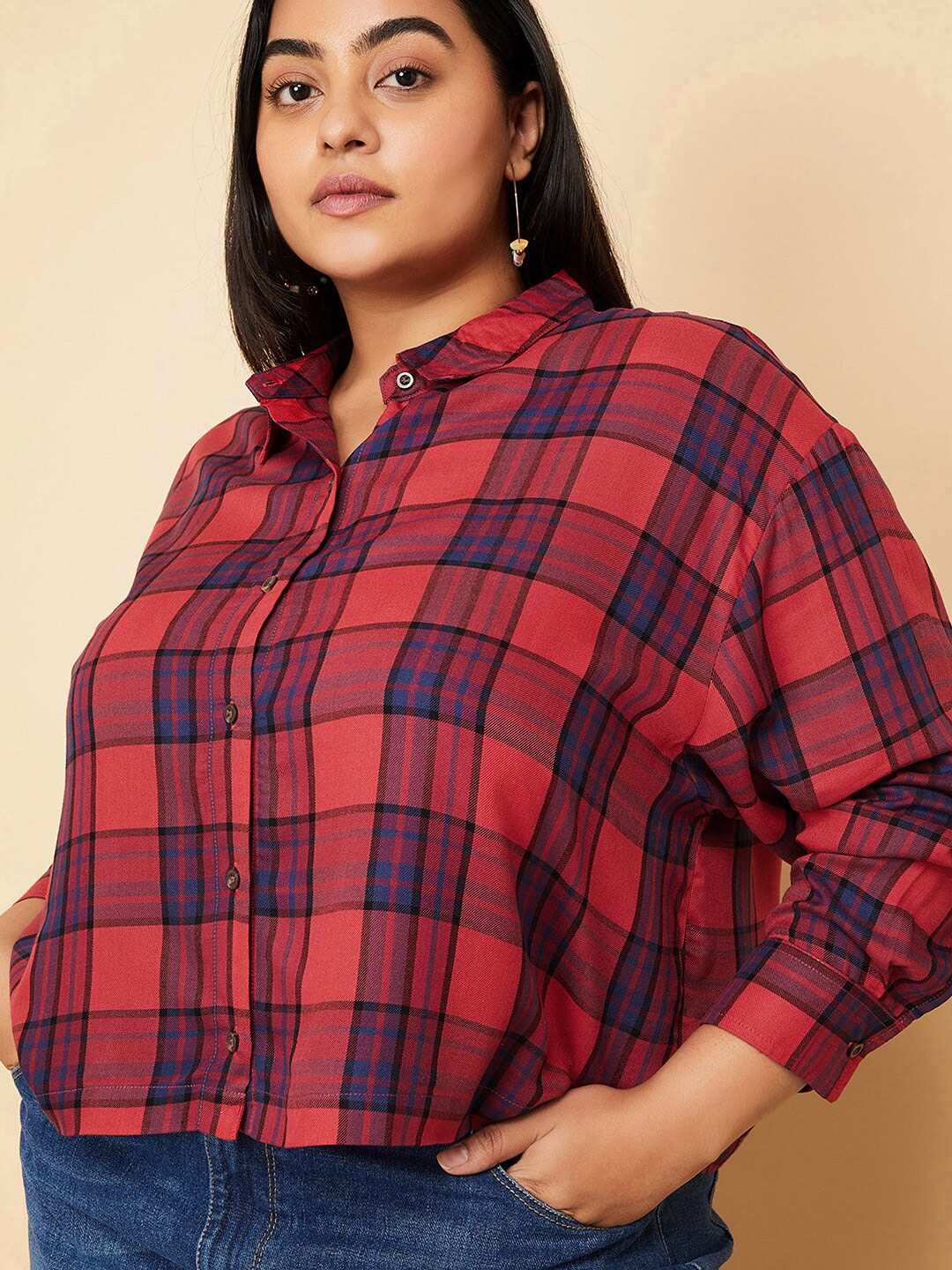 

max Plus Size Tartan Checks Spread Collar Long Sleeves Cotton Casual Shirt, Red