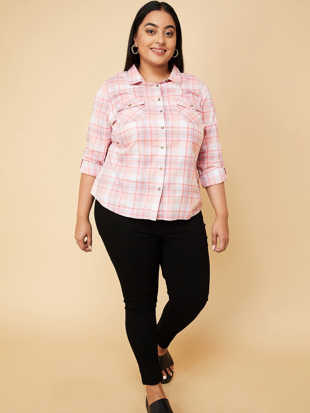 

max Plus Size Tartan Checked Spread Collar Long Sleeves Cotton Casual Shirt, Pink