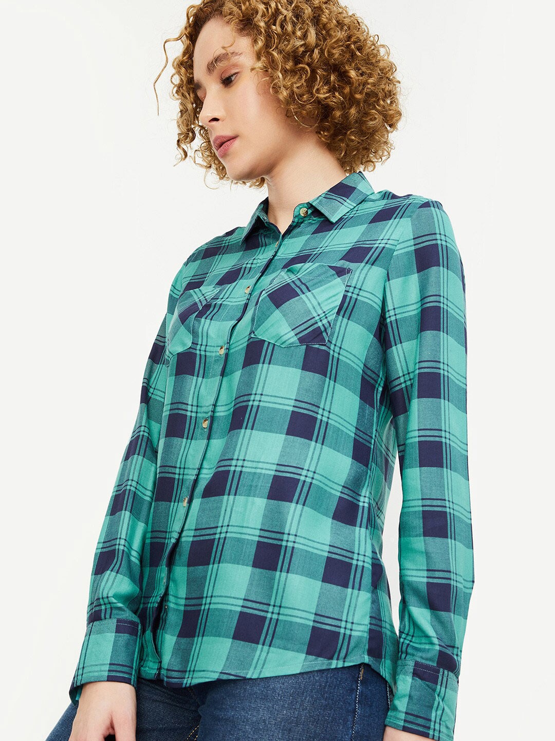 

max Tartan Checked Spread Collar Long Sleeves Cotton Casual Shirt, Blue