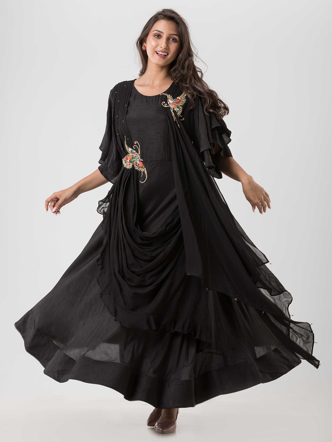 

SACRED SUTA Round Neck Georgette Maxi Dress, Black