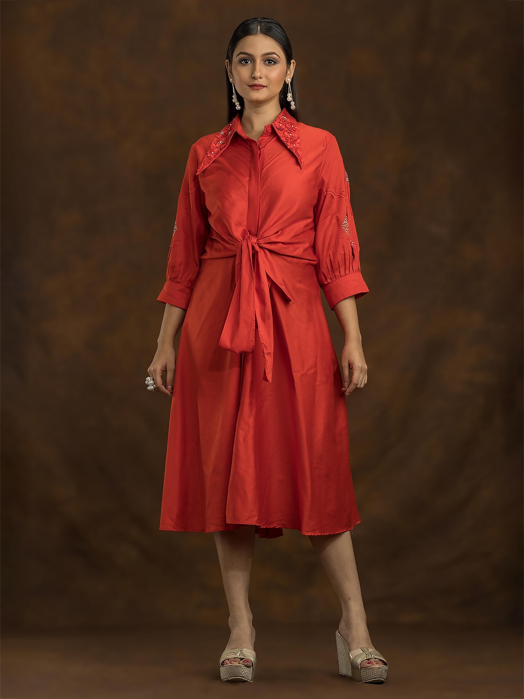 

SACRED SUTA Shirt Collar Shirt Midi Dress, Red