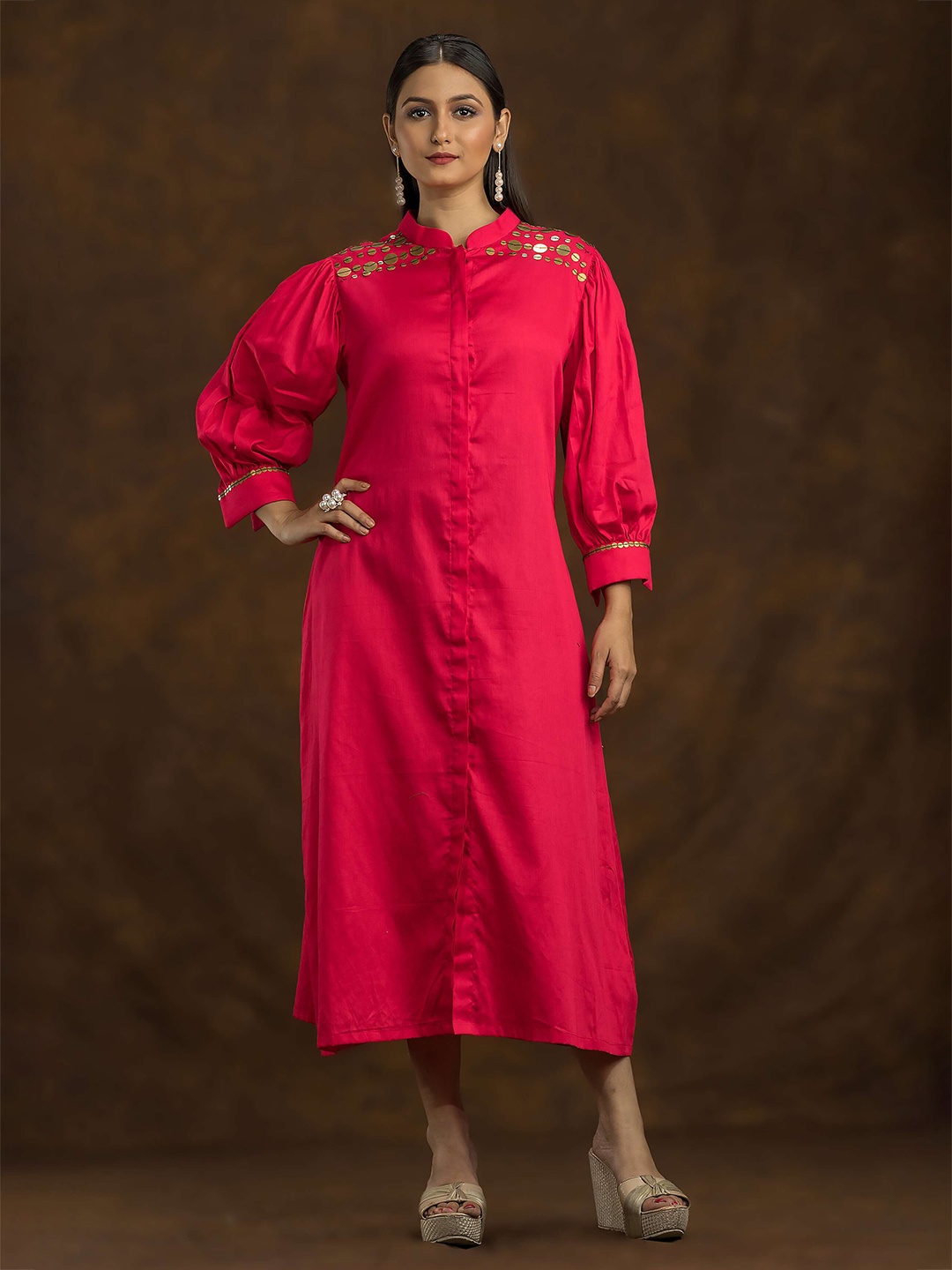

SACRED SUTA Mandarin Collar A-Line Midi Dress, Red