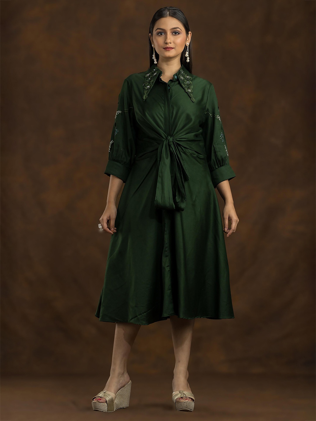 

SACRED SUTA Shirt Collar Shirt Midi Dress, Green