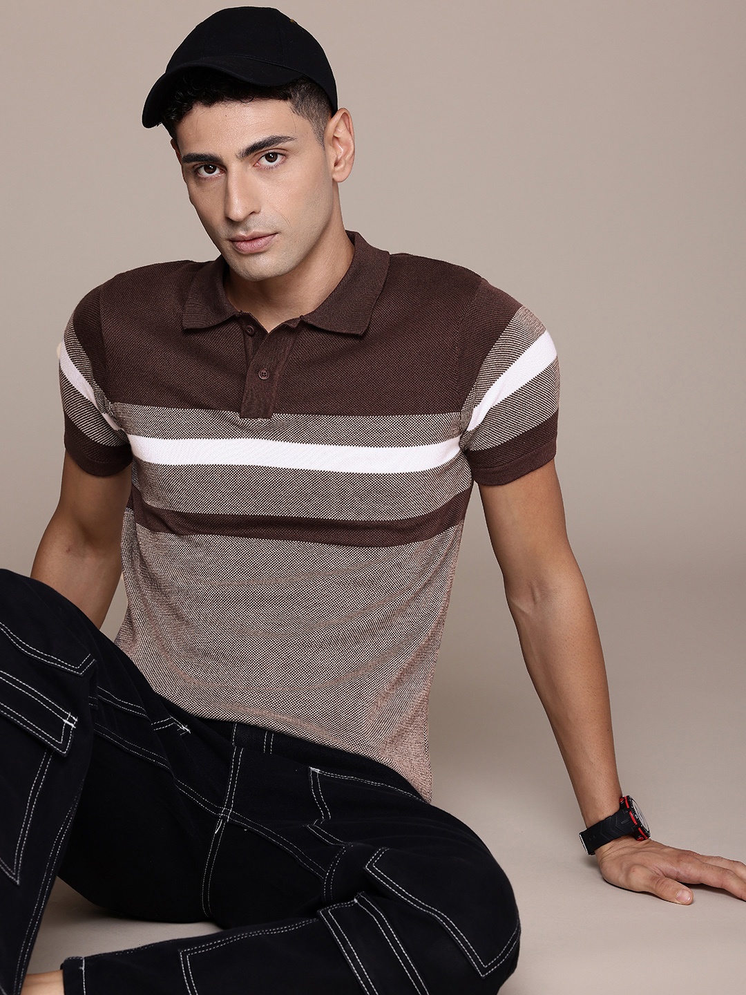 

Roadster Men Striped Polo Collar T-shirt, Brown