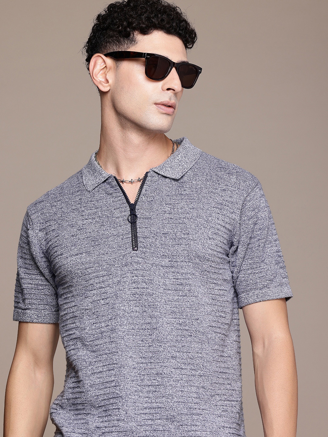 

Roadster Men Self Design Polo Collar T-shirt, Blue