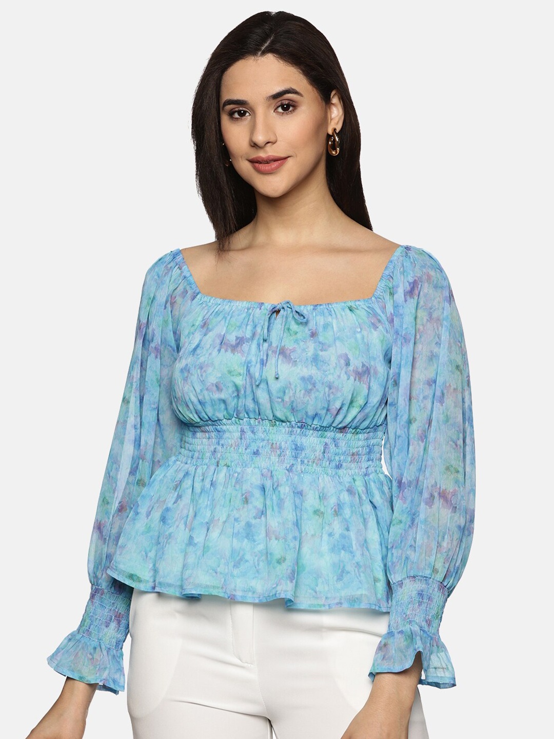 

ISU Floral Printed Chiffon Cinched Waist Top, Blue