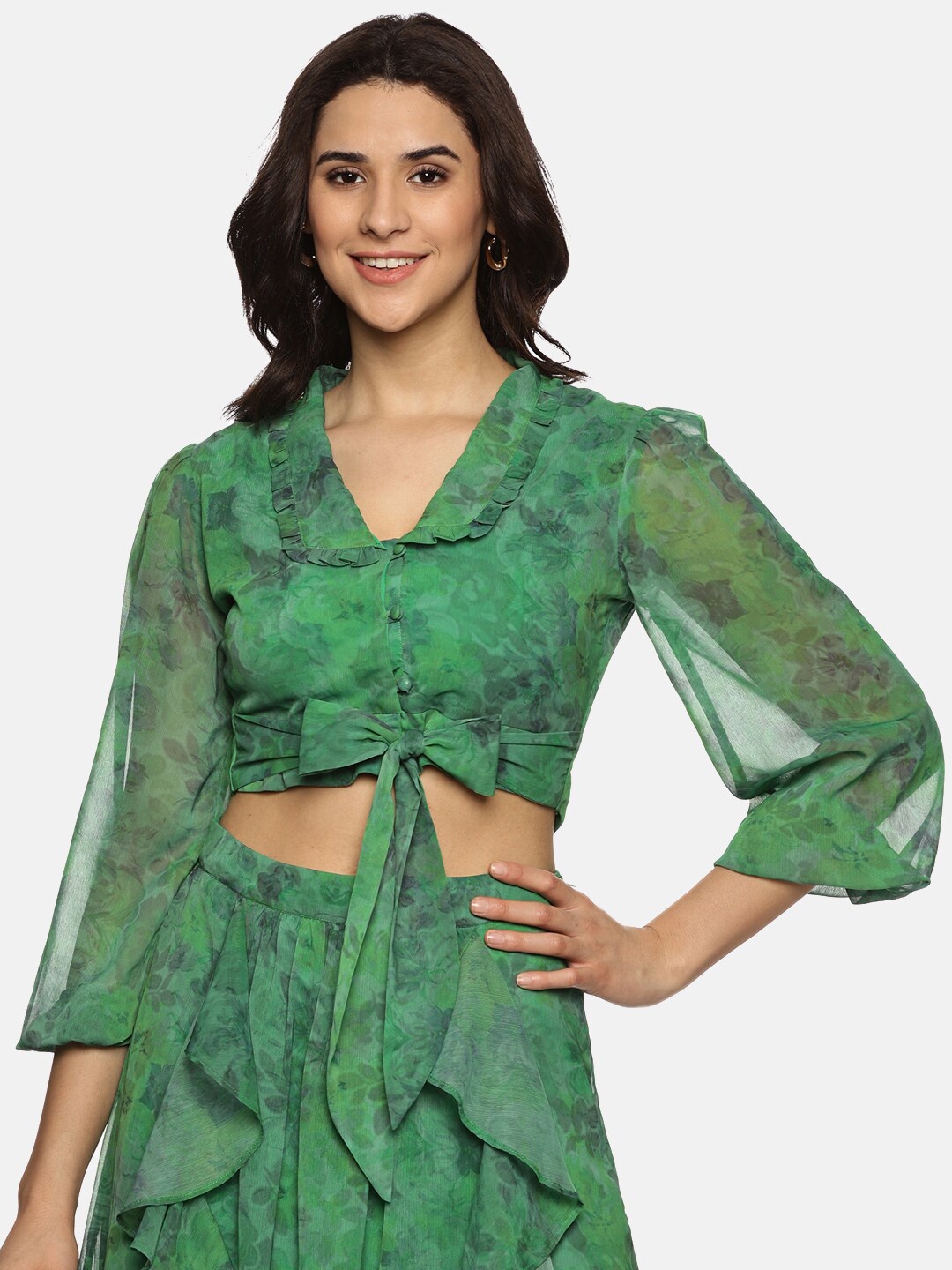 

ISU Floral Print Puff Sleeve Chiffon Shirt Style Crop Top, Green