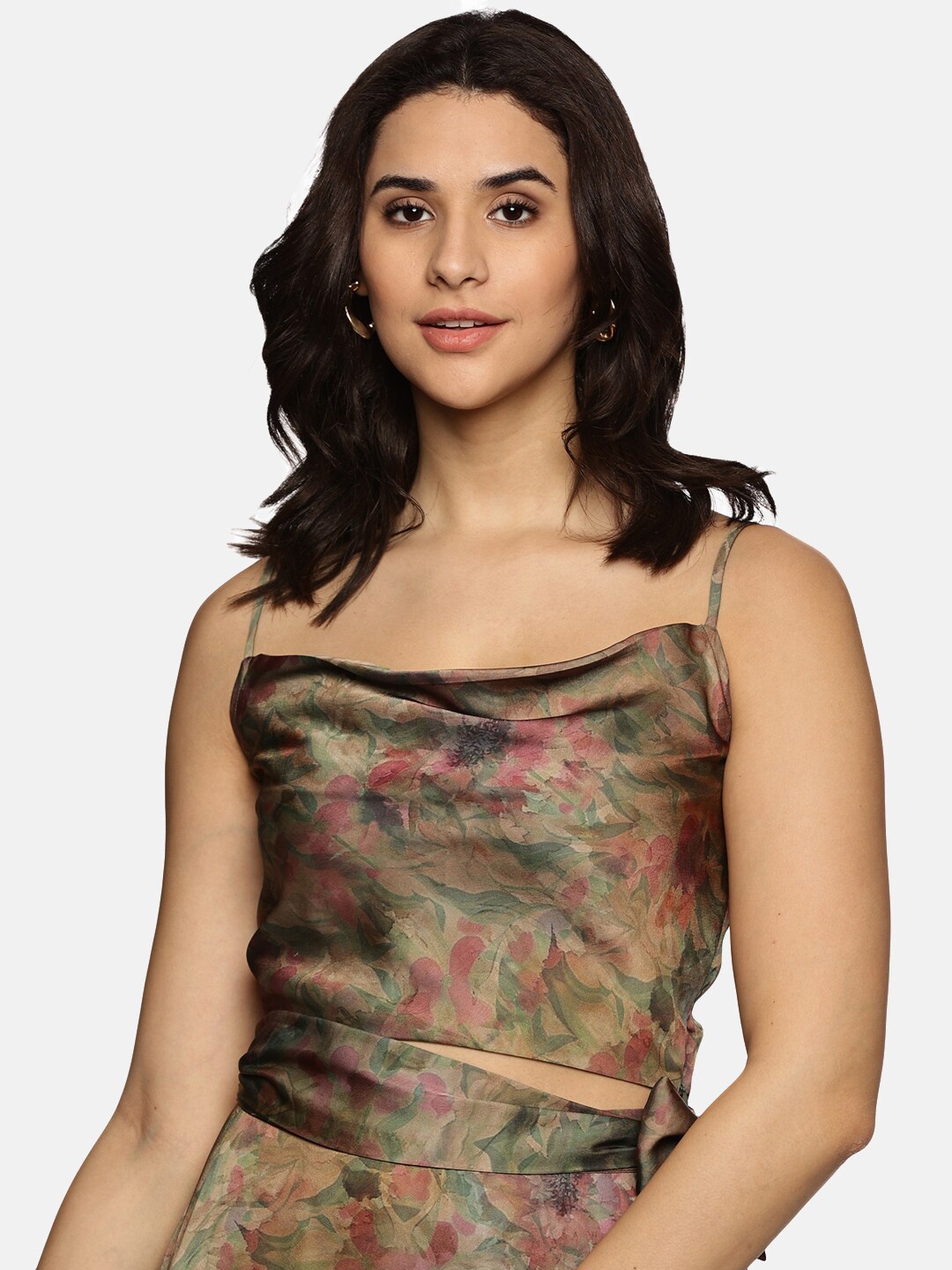 

ISU Floral Printed Cowl Neck Satin Crop Top, Brown