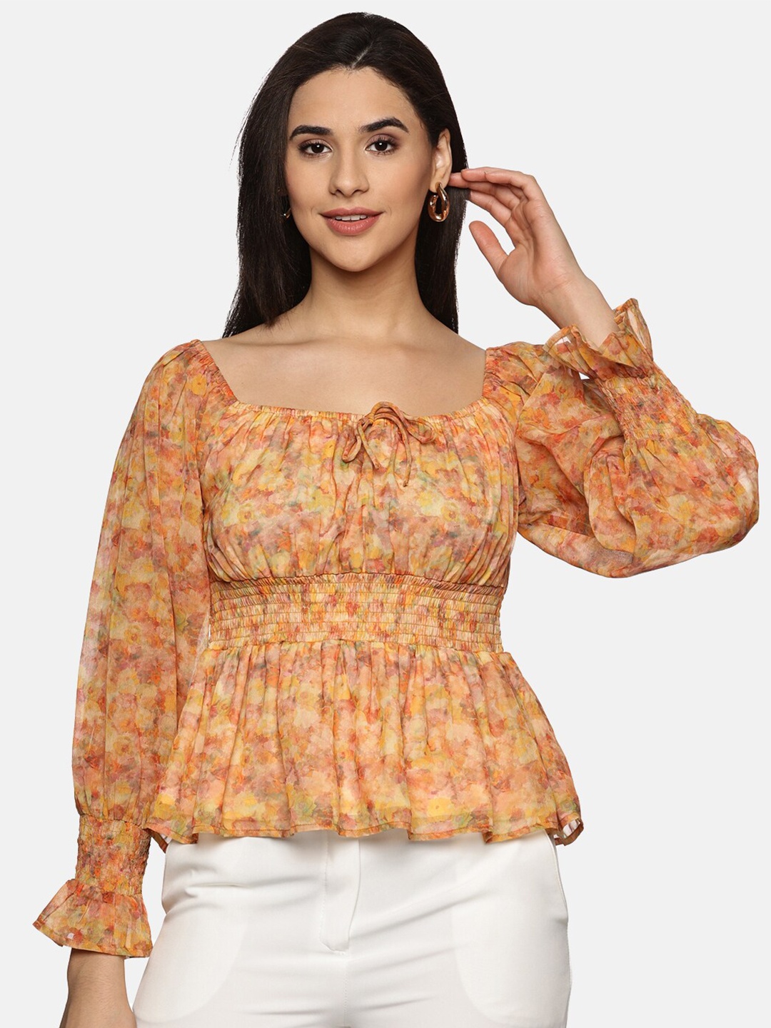 

ISU Floral Print Sweetheart Neck Puff Sleeve Chiffon Cinched Waist Top, Orange