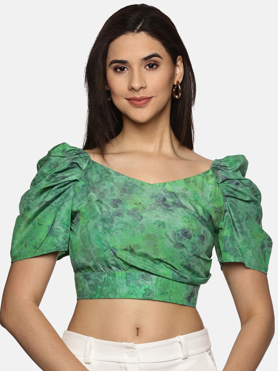 

ISU Floral Print Puff Sleeve Crop Top, Green