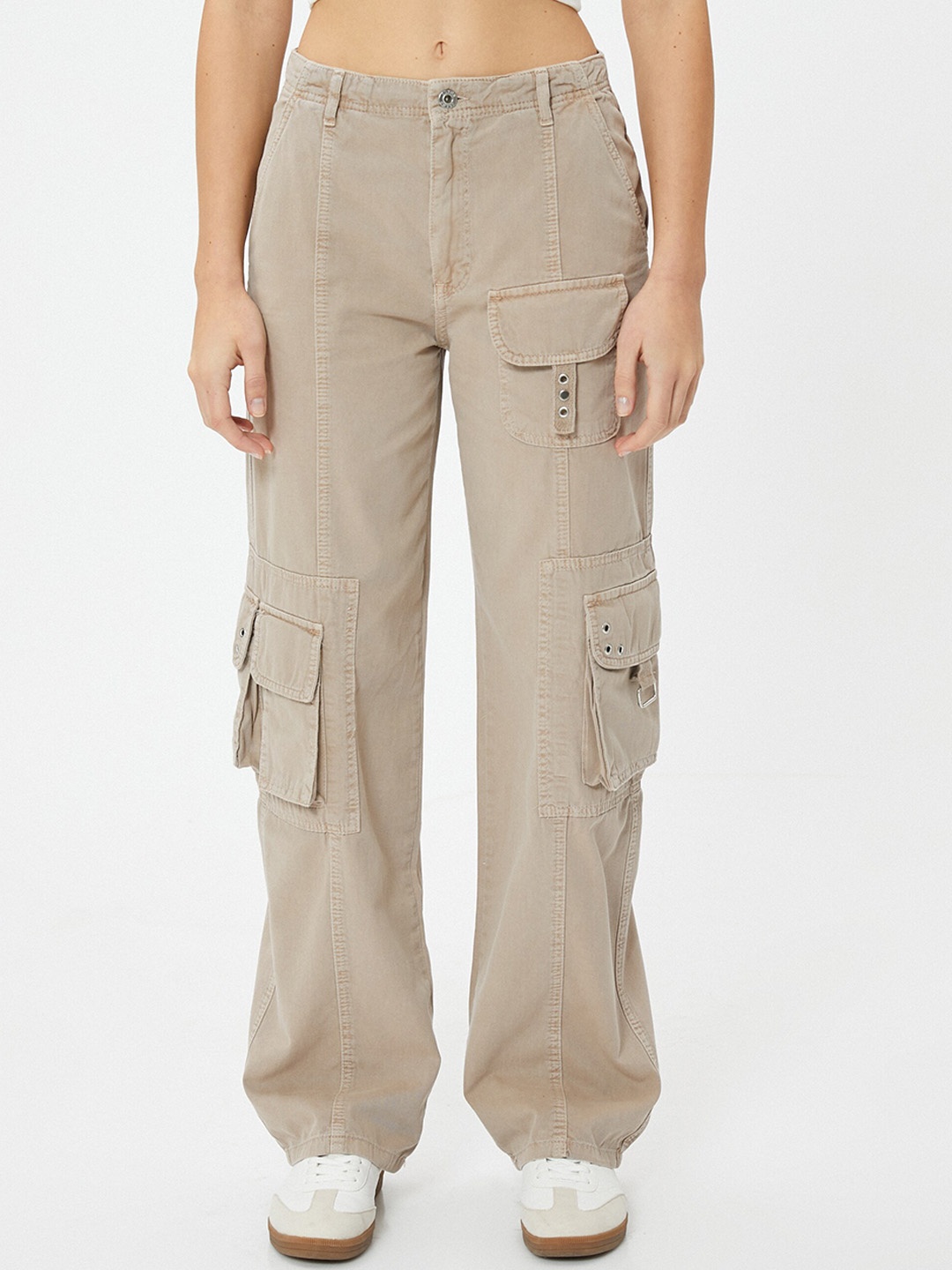 

Koton Women Straight Fit Mid-Rise Clean Look Cotton Cargo Style Jeans, Beige