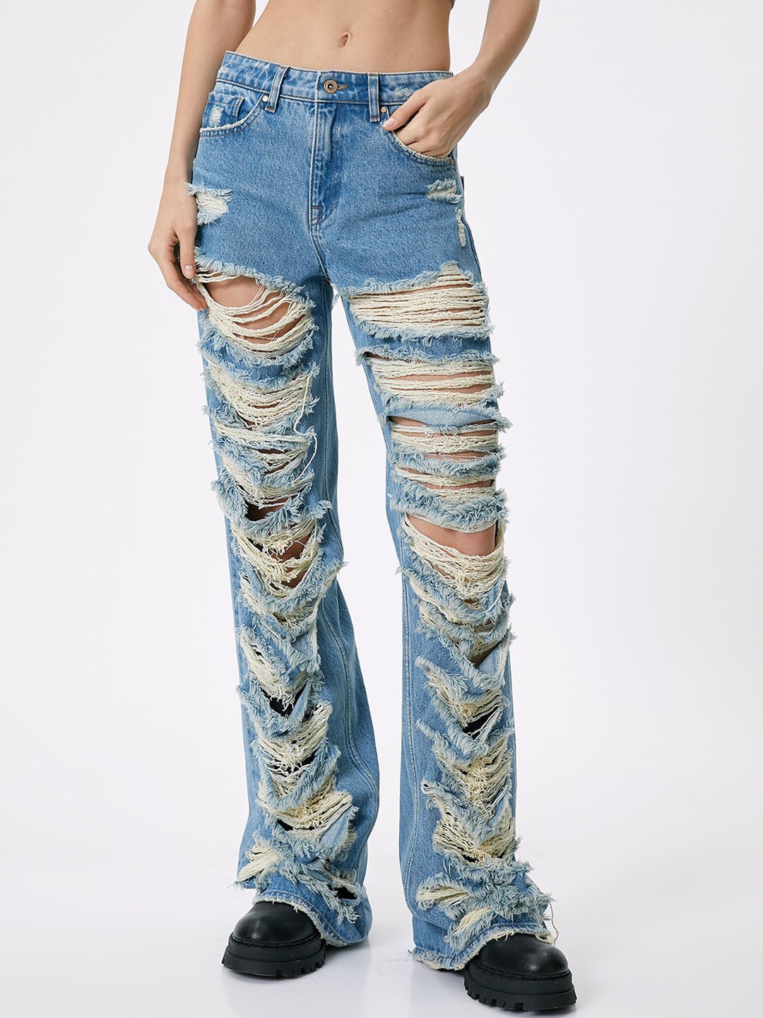 

Koton Women Straight Fit Mid-Rise Highly Distressed Cotton Jeans, Blue