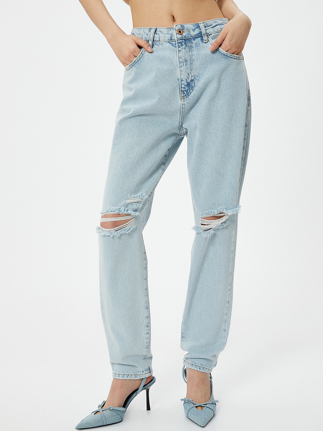 

Koton Women Mom Fit High-Rise Slash Knee Cotton Jeans, Blue