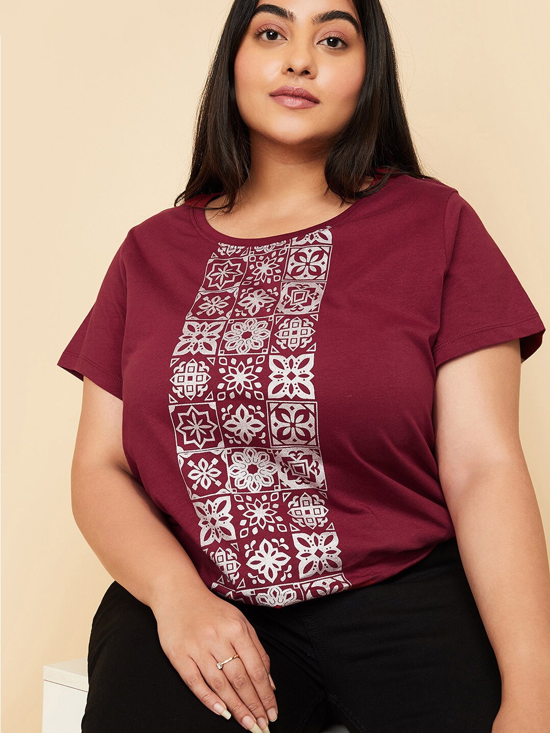 

max Plus Size Geometric Printed Pure Cotton T-shirt, Magenta