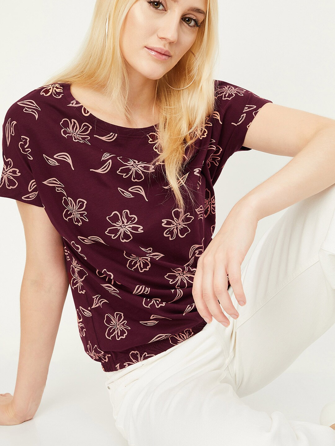 

max Floral Printed Cotton T-shirt, Burgundy