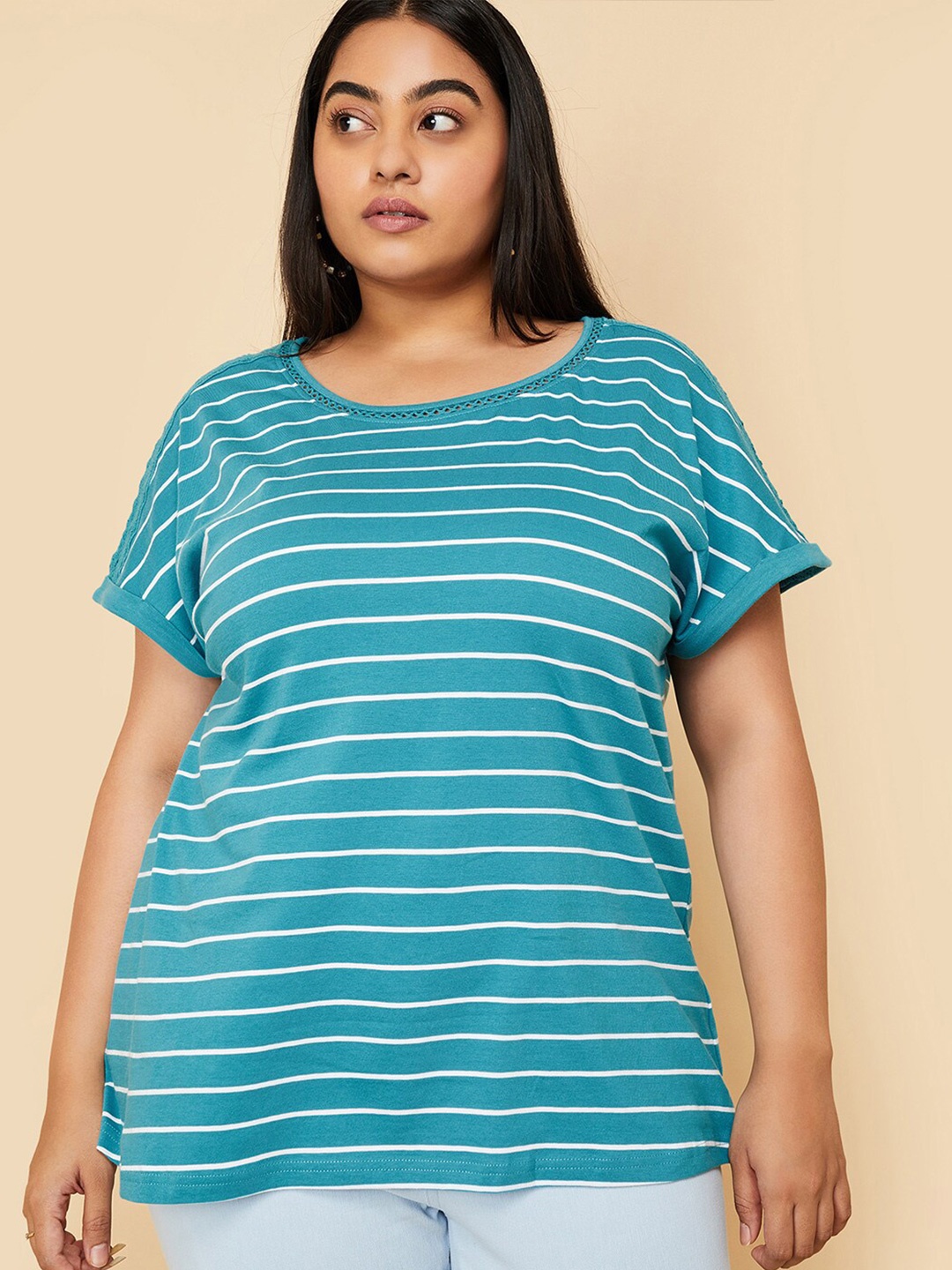

max Plus Size Striped Round Neck Short Sleeves Cotton T-shirt, Blue
