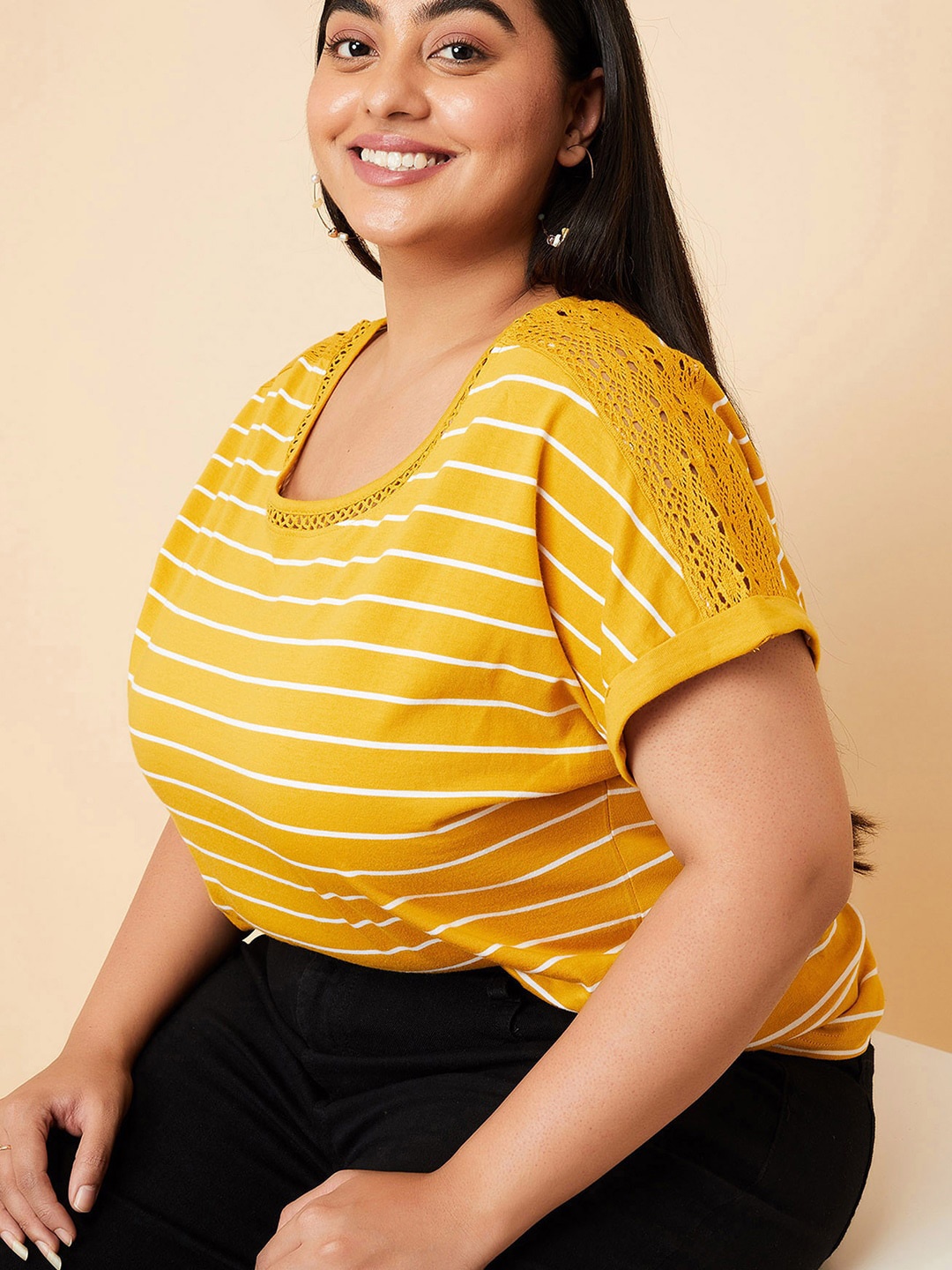 

max Plus Size Striped Round Neck Short Sleeves Cotton T-shirt, Yellow