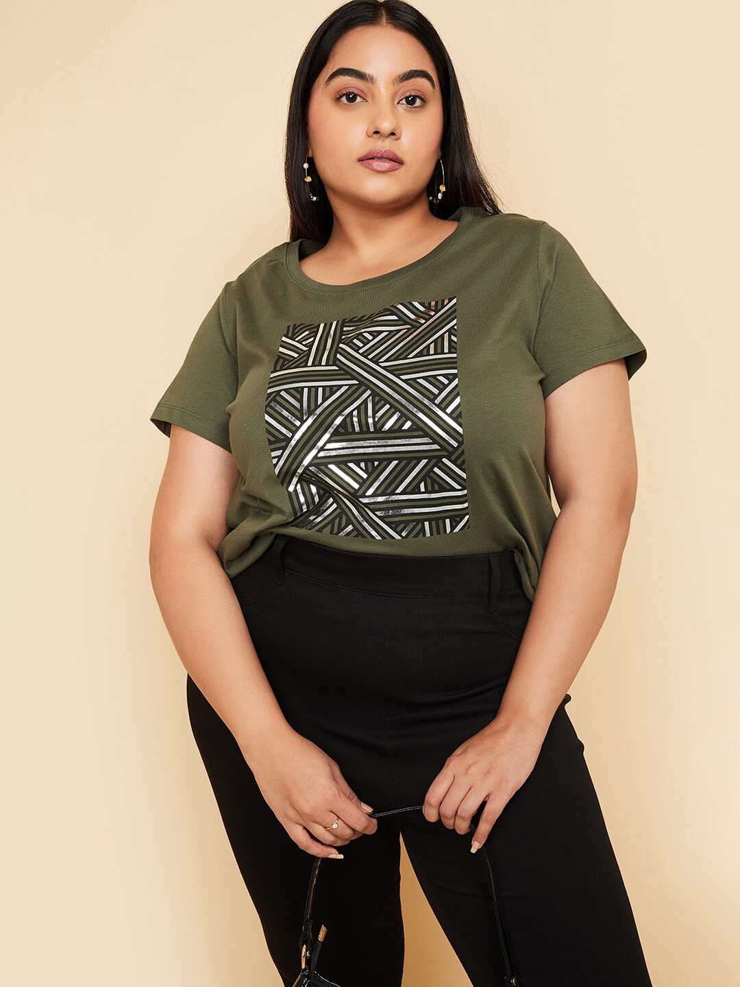 

max Plus Size Printed Round Neck Short Sleeves Cotton T-shirt, Olive