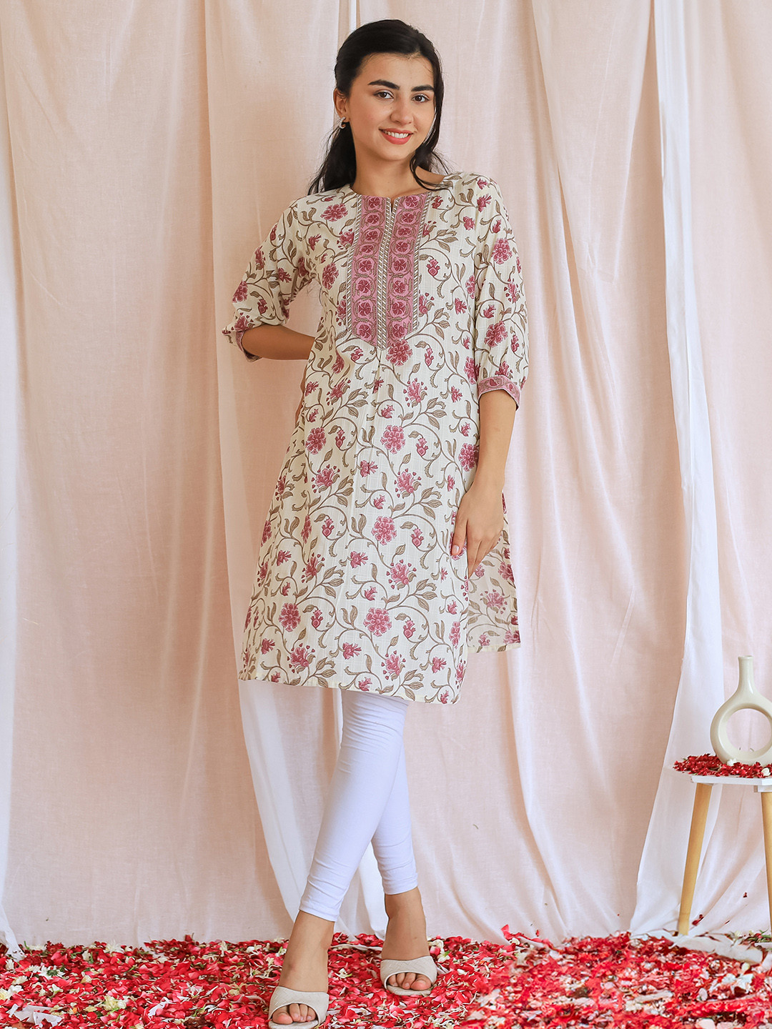 

Libas Floral Printed V-Neck Three-Quarter Sleeves Thread Work Cotton Kurta, Beige