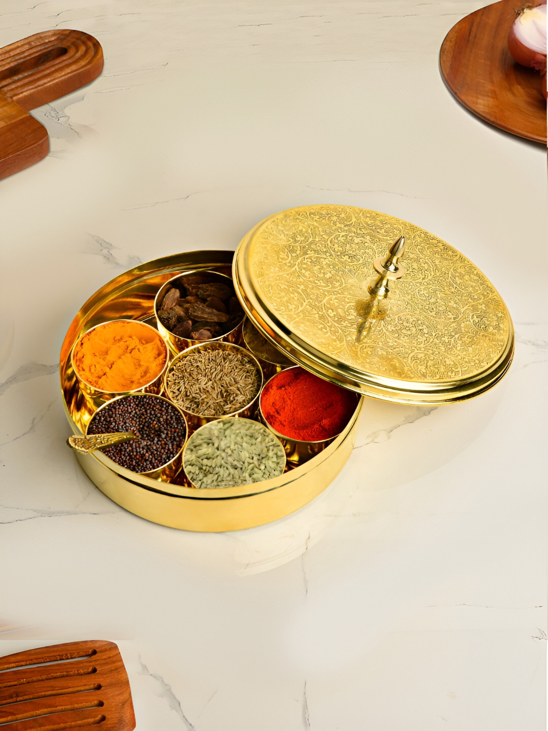 

StyleMyWay Gold Toned 9 Pieces Textured Brass Spice Box With Containers & Spoon