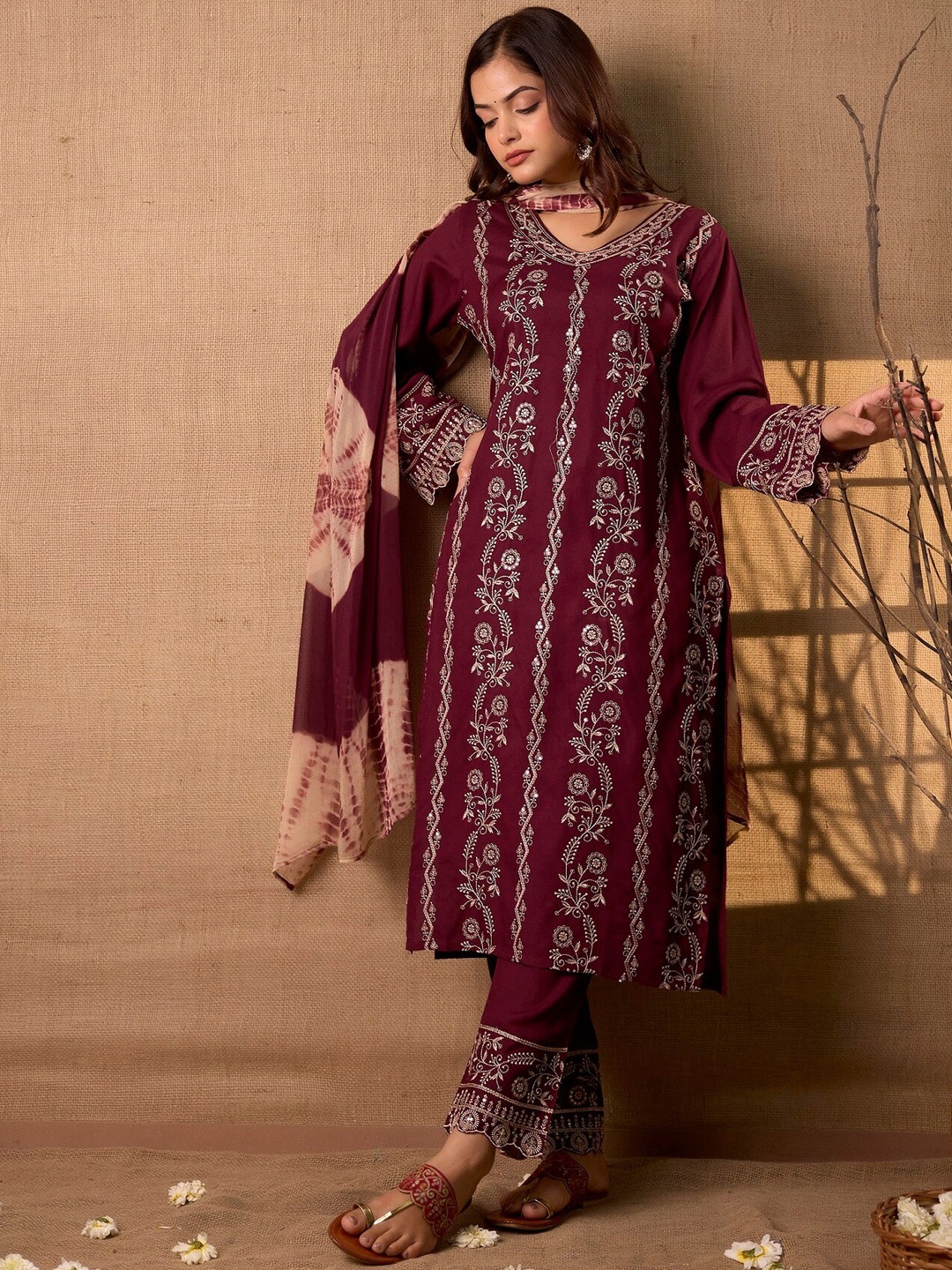 

Charu Women Floral Embroidered Regular Kurta with Trousers & With Dupatta, Maroon
