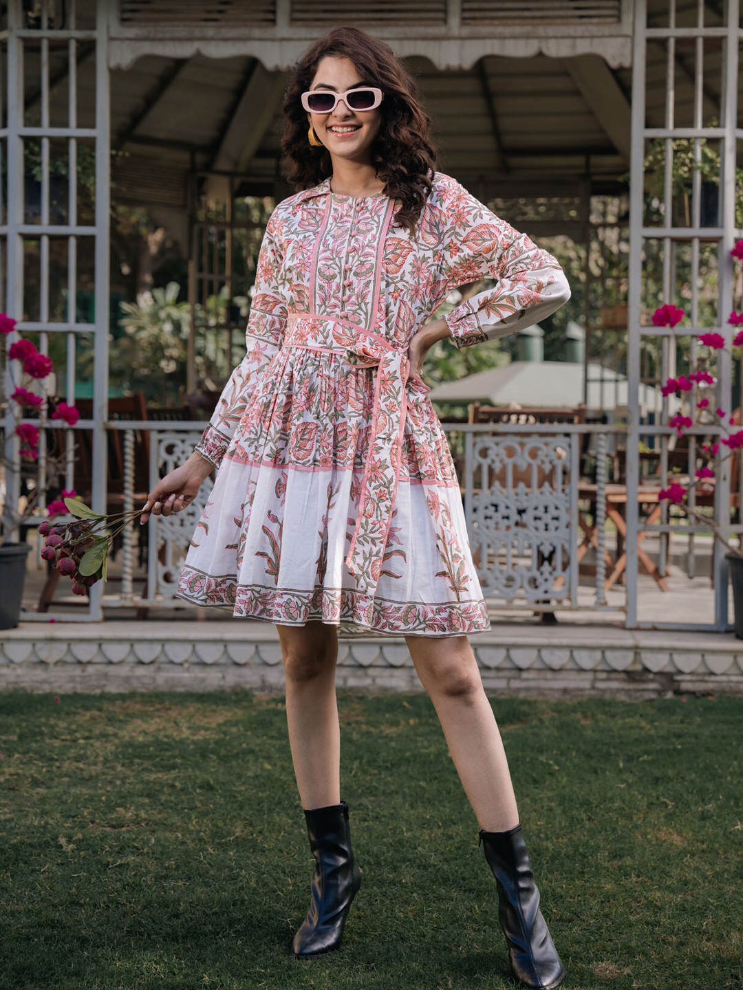 

FASHION DWAR Floral Print Shirt Collar Tie-Ups Cotton Fit & Flare Dress, Orange