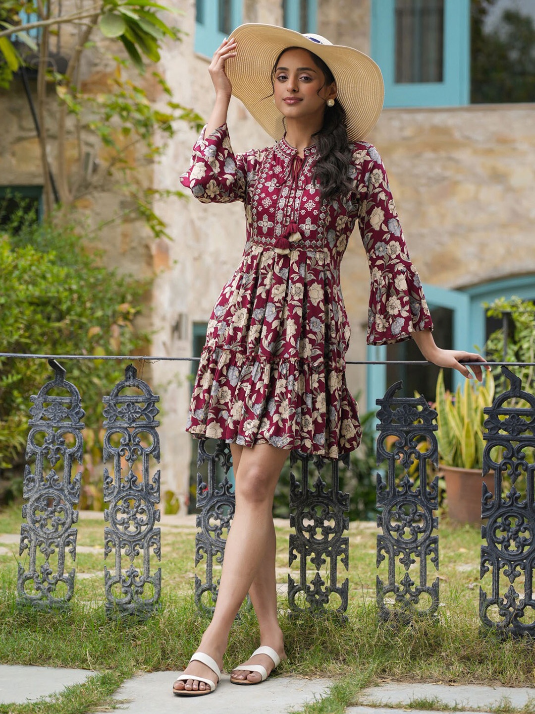 

FASHION DWAR Floral Print Tie-Up Neck Bell Sleeves Cotton Fit & Flare Dress, Maroon