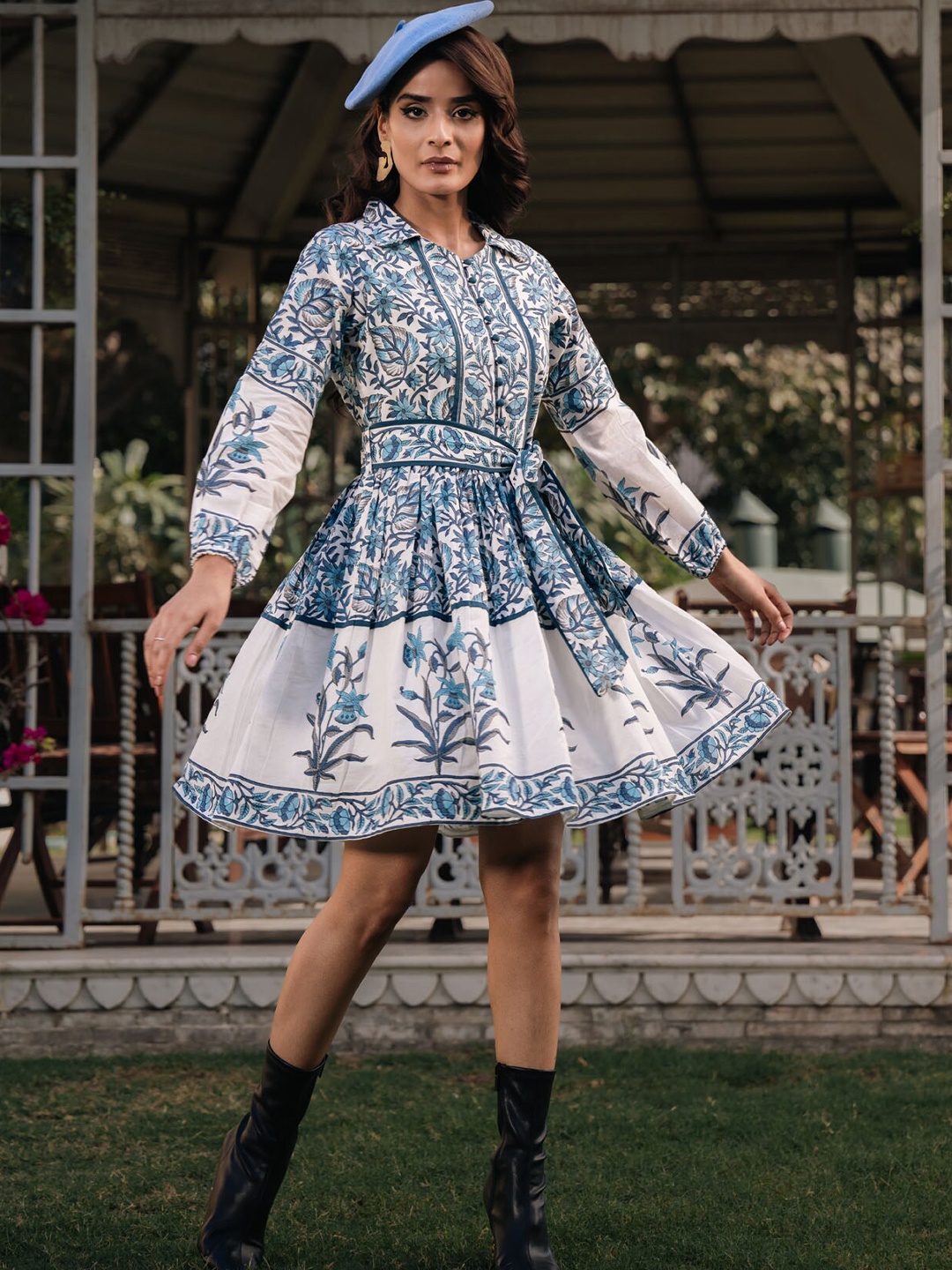 

FASHION DWAR Enchanted Floral Printed Shirt Collar Belted Cotton Fit & Flare Dress, Blue